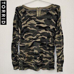 TORRID 1 Camo Army Camouflage Zip Back Knit Sweater Plus Size 14 16 1X